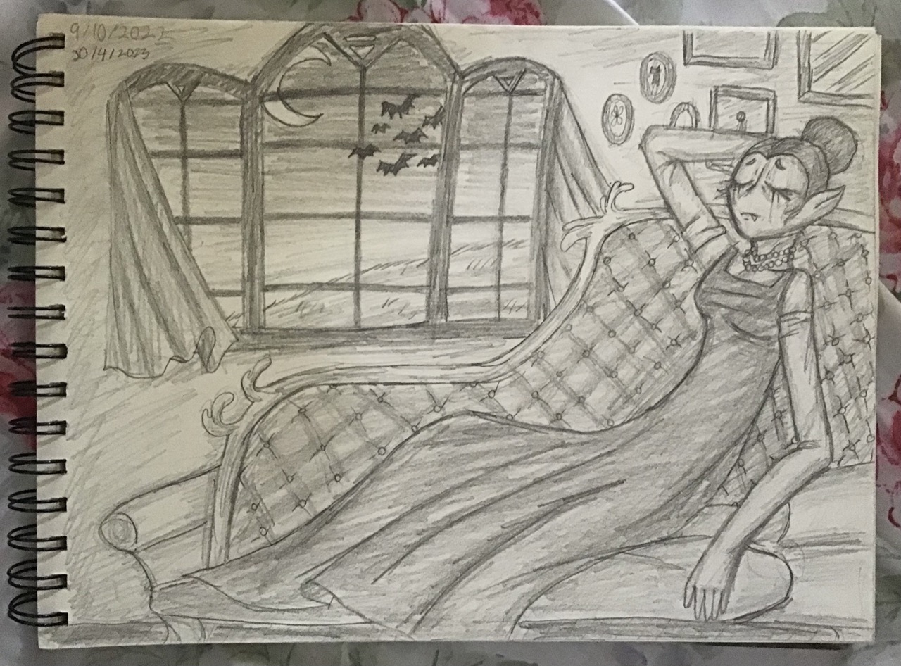 A traditional drawing of an unnamed woman laying down on an ornate fainting couch.